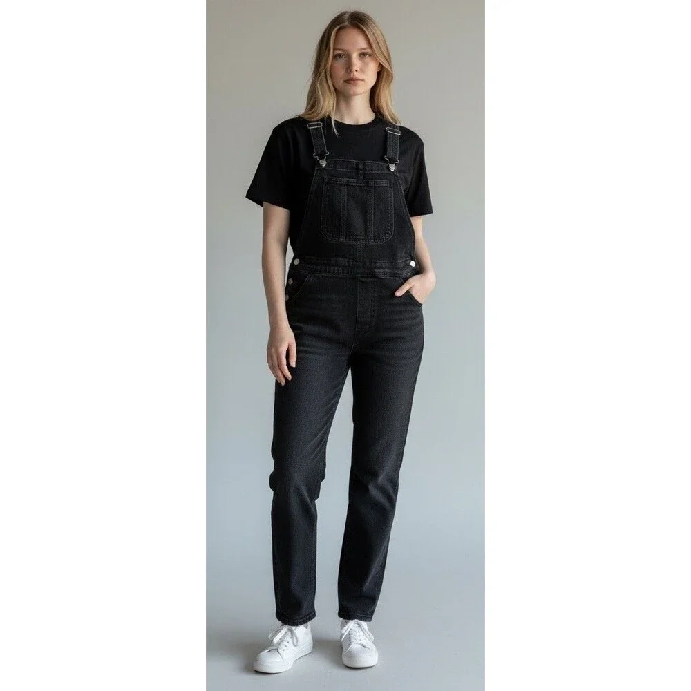 Old Navy Washed Black Denim Overalls Women's Size 8 Button 26